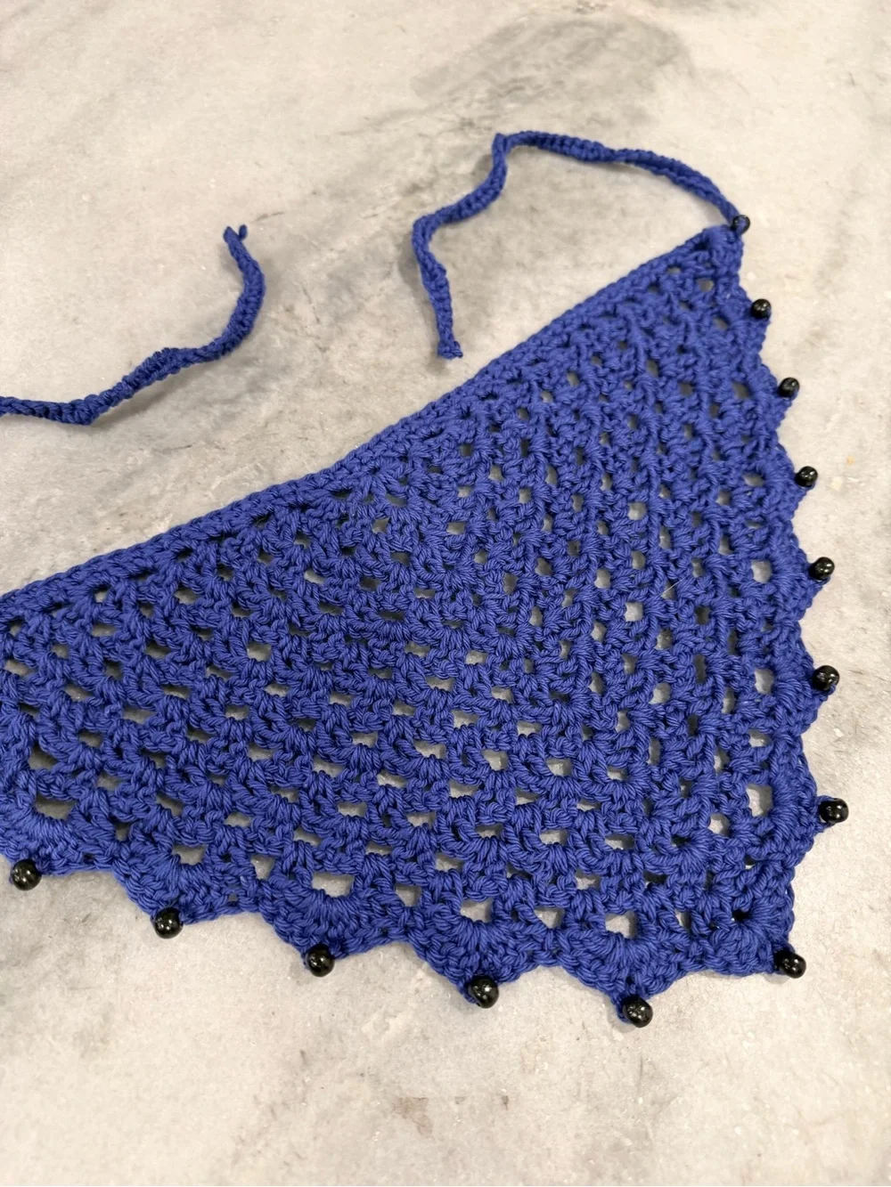 Handmade Crochet Wood Beaded Kerchief Head Scarf Cotton Boho Bandana Cottagecore